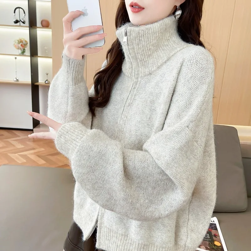 

2025 корейский вязаный кардиган с воротником-стойкой и двойной молнией, женское пальто, осень-зима, свободные повседневные топы, уличная одежда, свитер, куртки