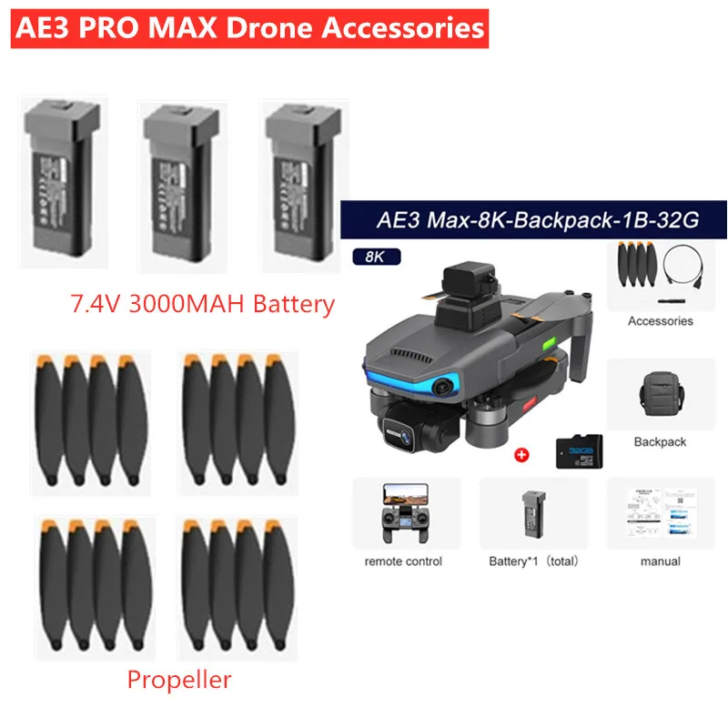 

AE3 PRO MAX Avoidance RC Drone Battery 7.4V 3000mAh Battery Propeller For AE3 PRO GPS 6K RC Drone Accessories AE3 max Dron Blade