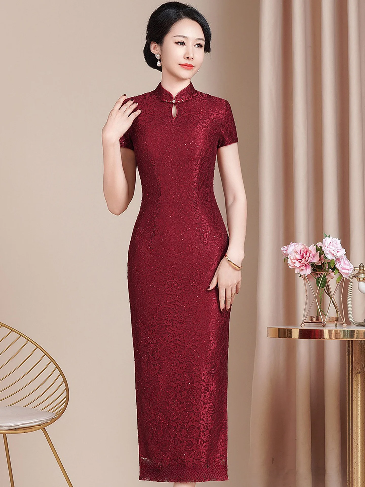 

Ele ort Sve Long Dr for Middle-Aged And ly Women Lace Breathable Polyester Fiber Summer New Sle