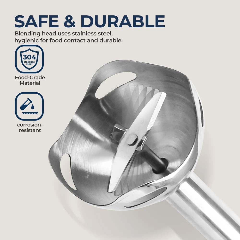 خلاط يدوي، خلاط يدوي غاطس مع شفرات من الفولاذ المقاوم للصدأ لخلط طعام المطبخ، أزرق فاتح، أساسي كلاسيكي