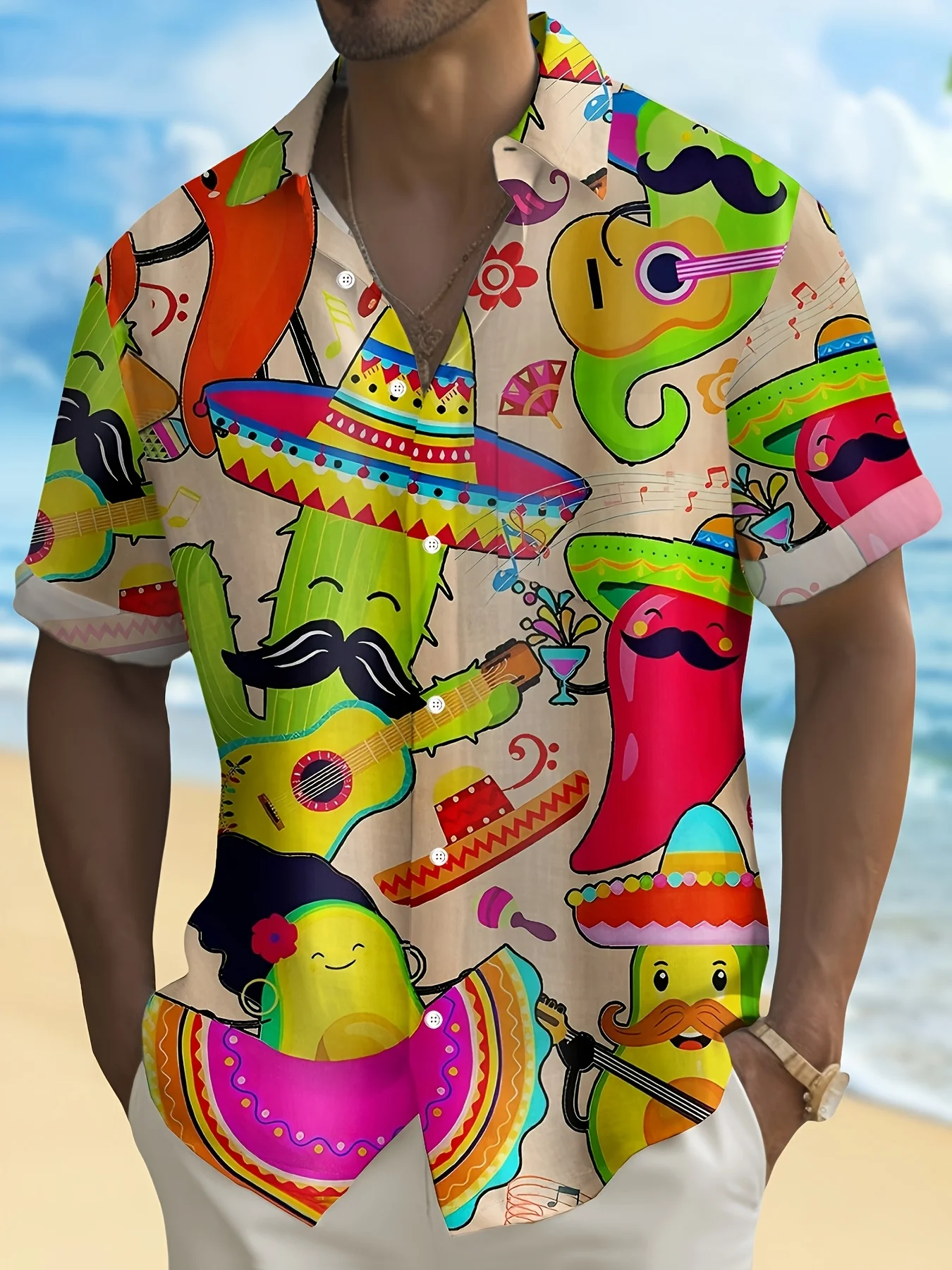 

Men'S Plus-Size Short-Sleeve Shirt with Cactus And Chili Pepper Print And Button Pockets from Mexico, Plus Size