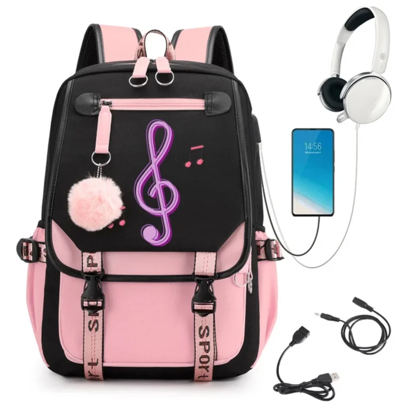 Mochilas escolares impermeables para niñas y niños, moradas, con notas musicales, de dibujos animados, para libros