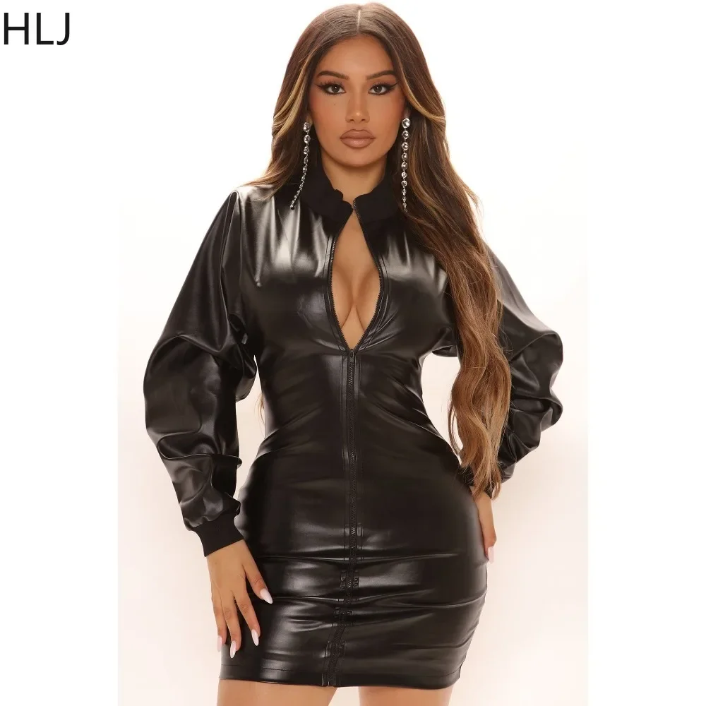 HLJ Black Sexy PU Leather Zipper Bodycon Mini Dresses Women Long Sleeve Slim Vestidos Female Solid Color Party Club Clothes 2023