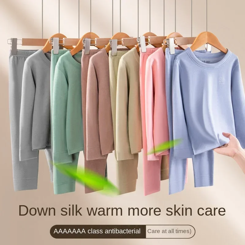 

Children's Thermal Underwear Set Autumn Winter Thick Double-sided Brushed Fabric Boys Girls Down Silk Warm Underwear Long Johns