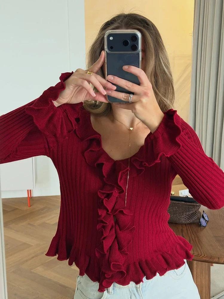 

Tornova Knitted Fungus Long Sleeve Top For Women Slim Single Breasted Cardigan Sweater Pullover 2026 Summer New Solid Color