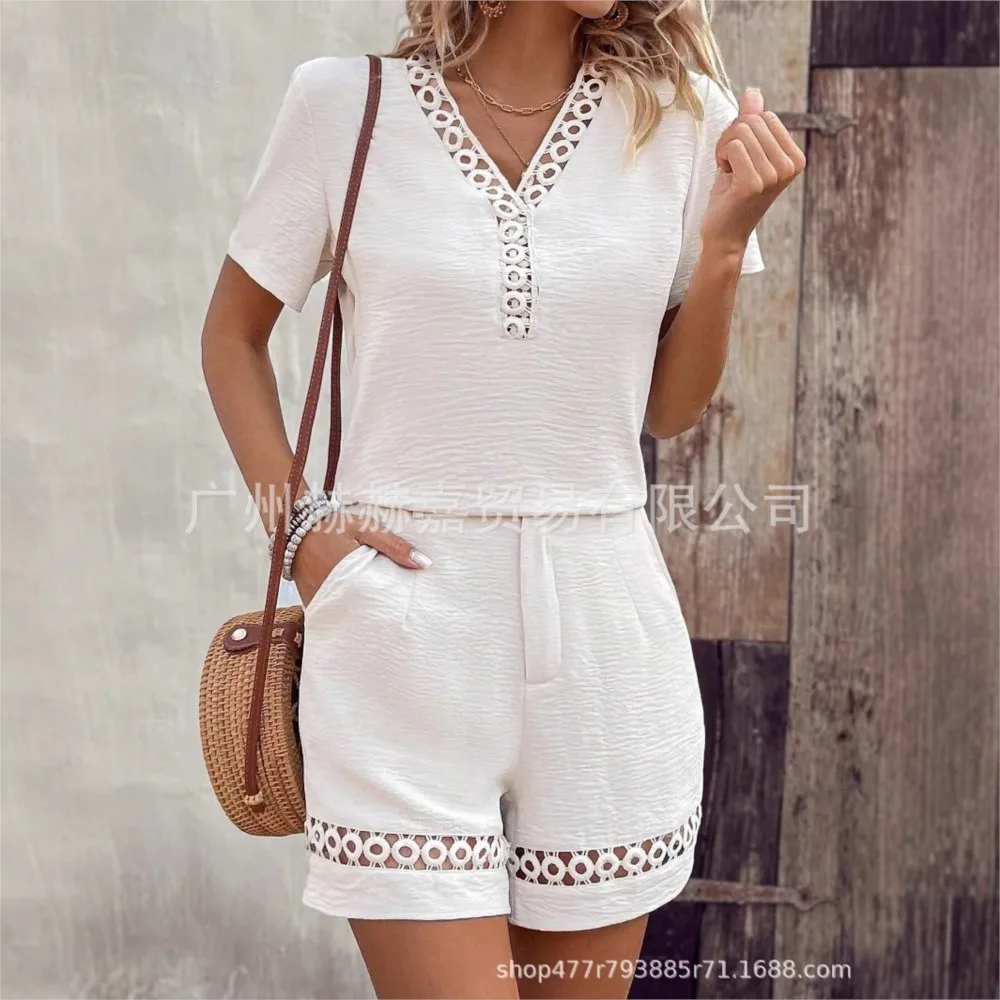 

Ladies Pullover Shirt And Shorts Two-piece Set 2025 Casual Hollow V-neck Splicing Short Sleeved Solid Color Shorts Set For Women