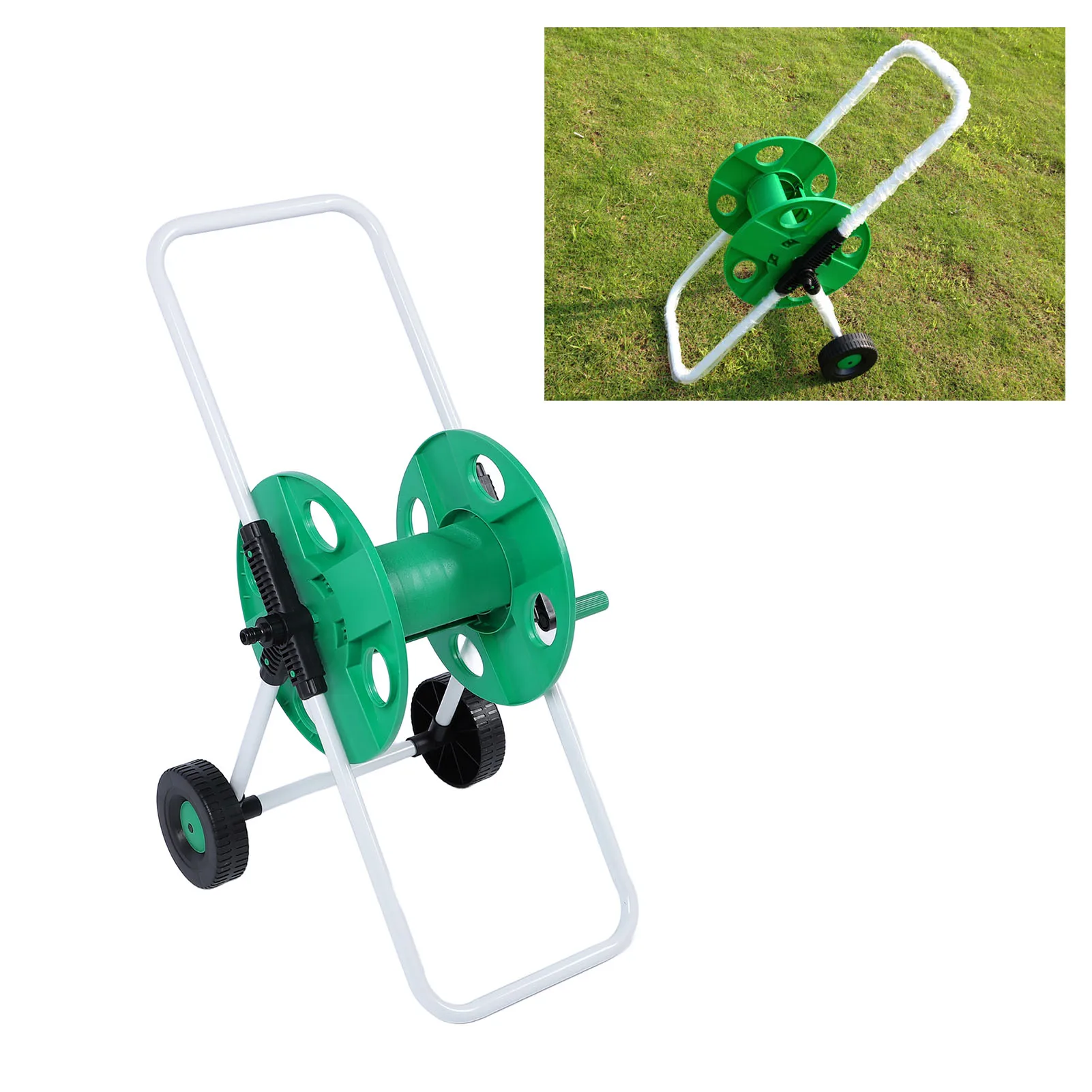 Water Hose Reel Cart Green PP Labor Saving with Wheels Hand Push Hose Storage Cart for Garden Water Hose Holder with Wheels