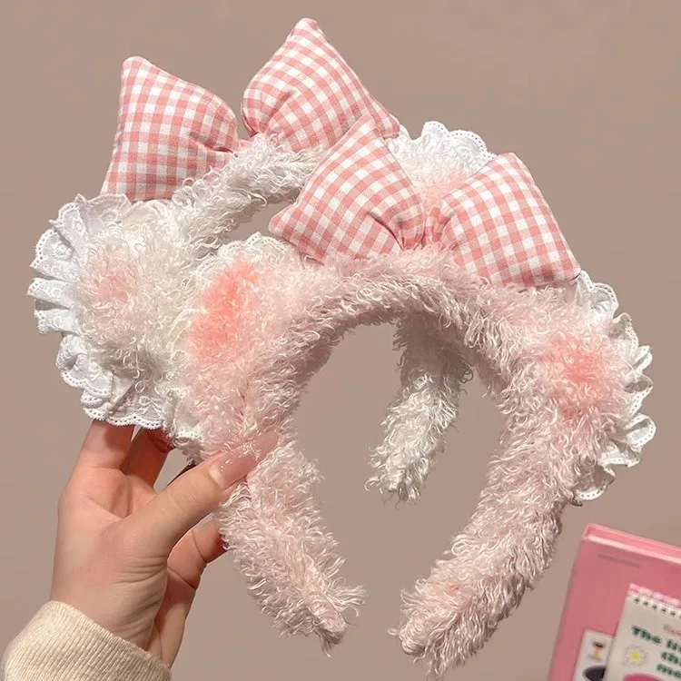 Hair Clips Little Bear Ear Bow Lace Facial Cleansing Hair Band Female Makeup Hair Clip Sweet Style Pink Hair Band Head Accessory