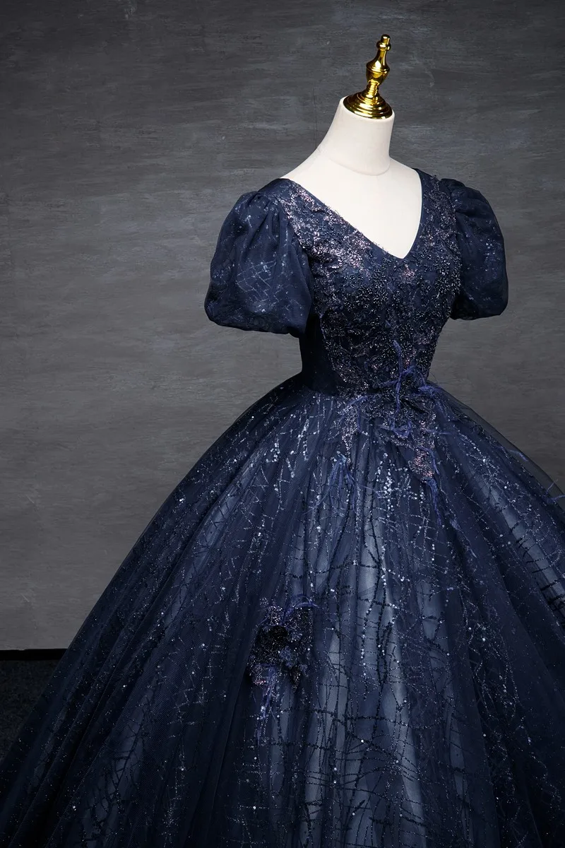 Navy Blue Vintage Quinceanera Dresses Luxury V-neck Ball Gown Real Photo Sweet Puff Sleeve Party Dress Customize Prom Gown