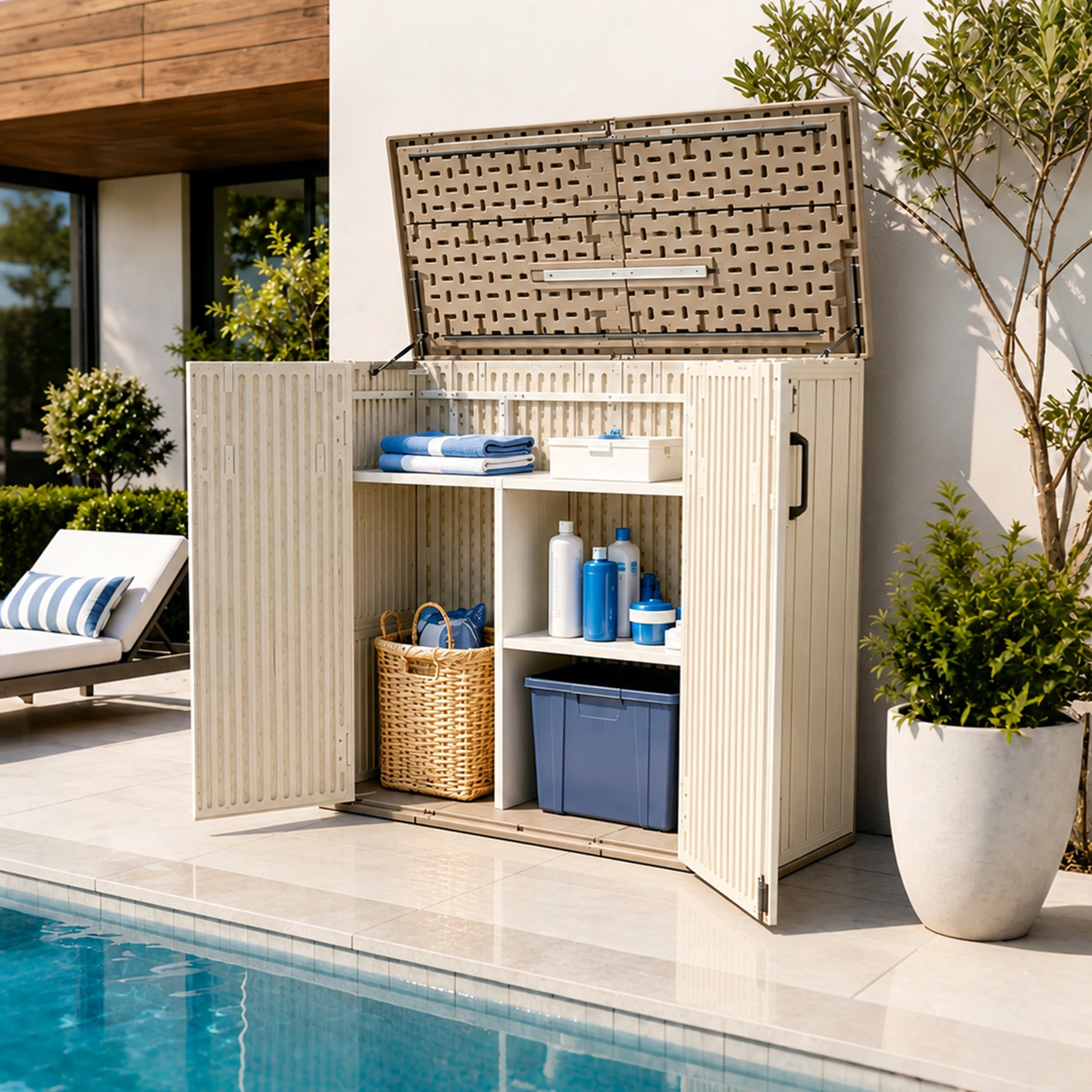 Resin Outdoor Storage Cabinet Single Tier with Adjustable Shelf Large Open Space Waterproof Lockable All Weather Patio Garden Pool Tool Storage