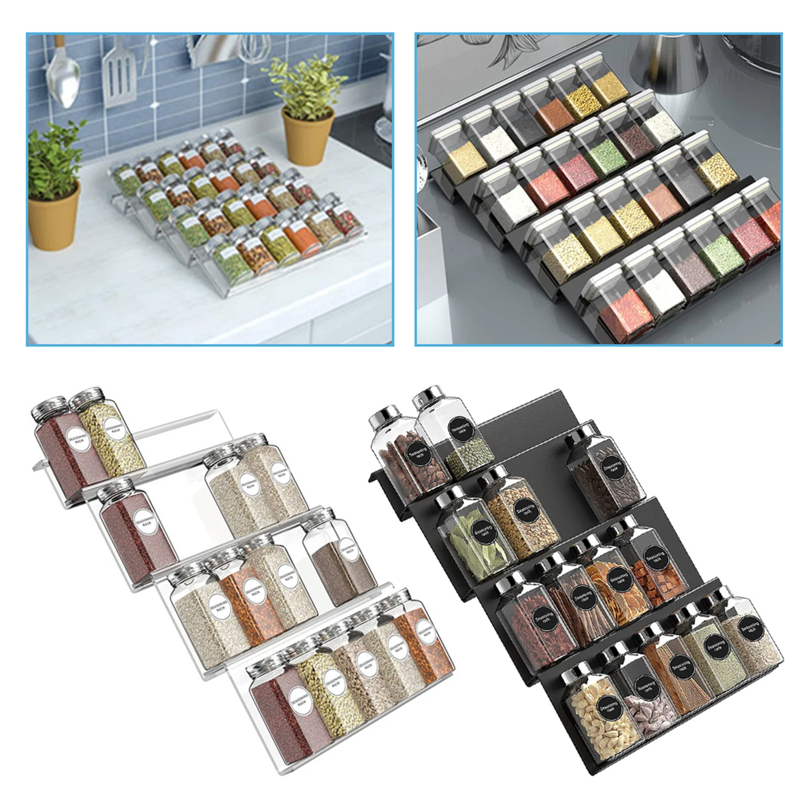 4-Tier Drawer Spice Organizer Expandable Acrylic Spice Rack Tray Seasoning Bottle Storage Rack Kitchen Pantry Organization Shelf