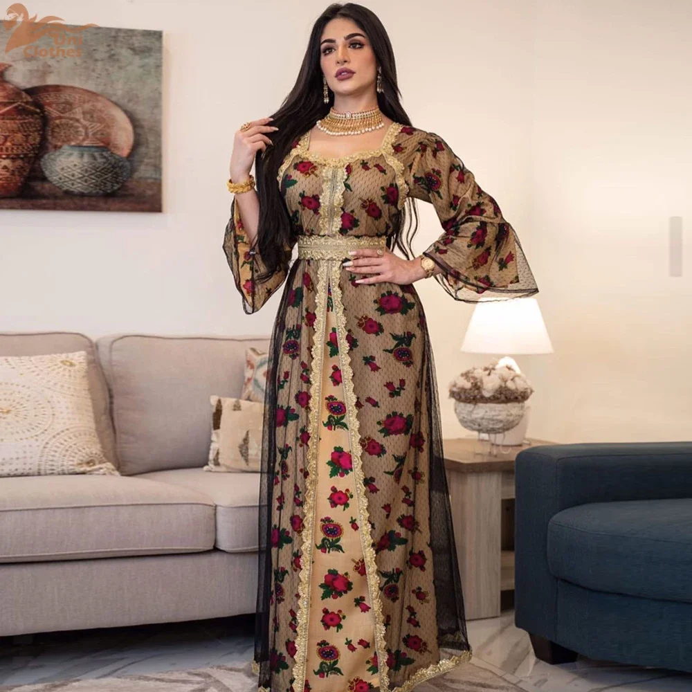 Kaftan Dubai de lujo estampado bordado guipur encaje malla Panel vestido con cinturón falso dos piezas dobladillo dividido vestido de mujer musulmana Ramadán