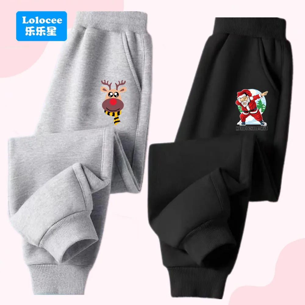Weihnachts-Jogginghose für Mädchen, Jogginghose aus Baumwolle mit Weihnachtsmann- und Rentier-Aufdruck, Freizeithose mit elastischer Taille für Jungen und Mädchen, Frühling und Herbst LT1
