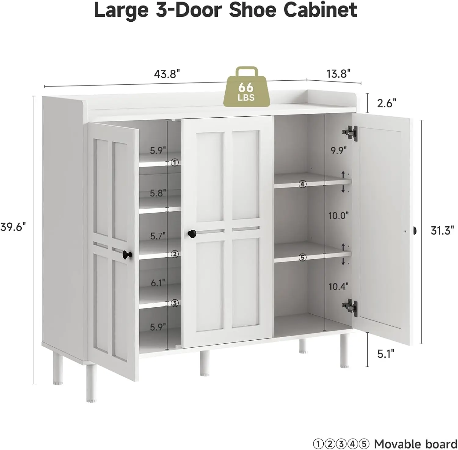 Entryway Shoe Storage Cabinet Organizer With Three Doors, Large Capacity Freestanding Enclosed Shoe Rack With Adjustable Shelves, Farmhouse Furniture For Hallway Living Room Closet, White