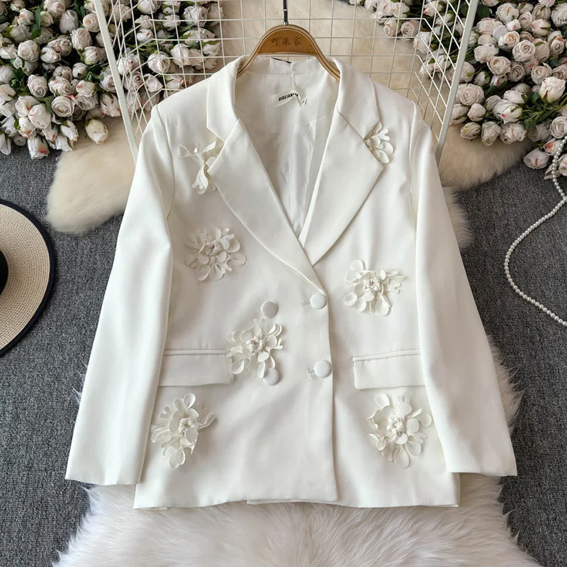 EWQ Fashion 3D Flower Spliced Blazer Women Versatile 2024 Autumn New Notched Collar Double Breasted Long Sleeve Clothing 27X1174