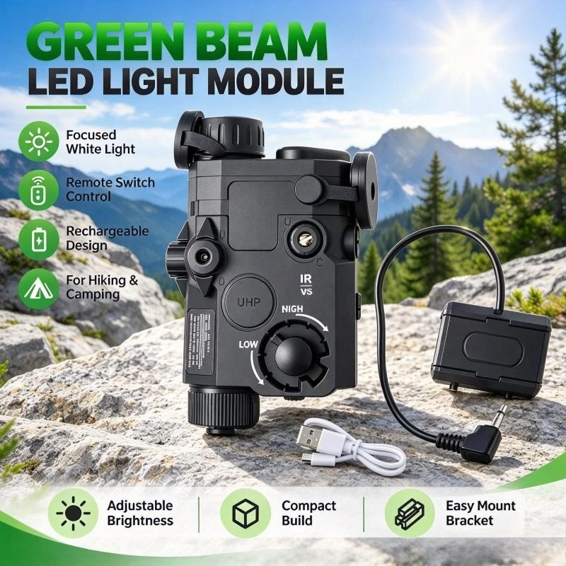 Green Beam LED Light Module, Remote Control, Focus Beam, Adjustable Mount, Outdoor Hiking Accessory