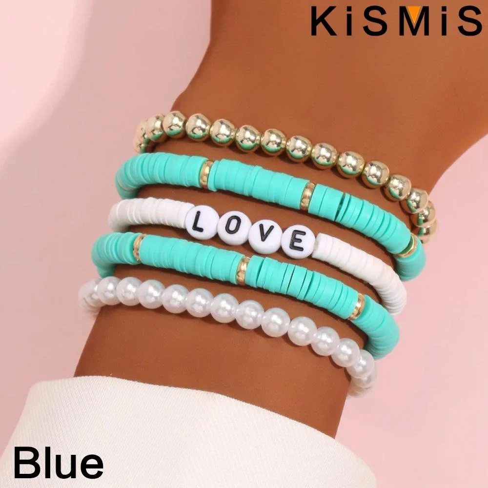 KISMIS 5Pcs/Set Colorful Clay Bracelets For Women Beach Charm Elastic Soft Pottery Female Bracelet Boho Style