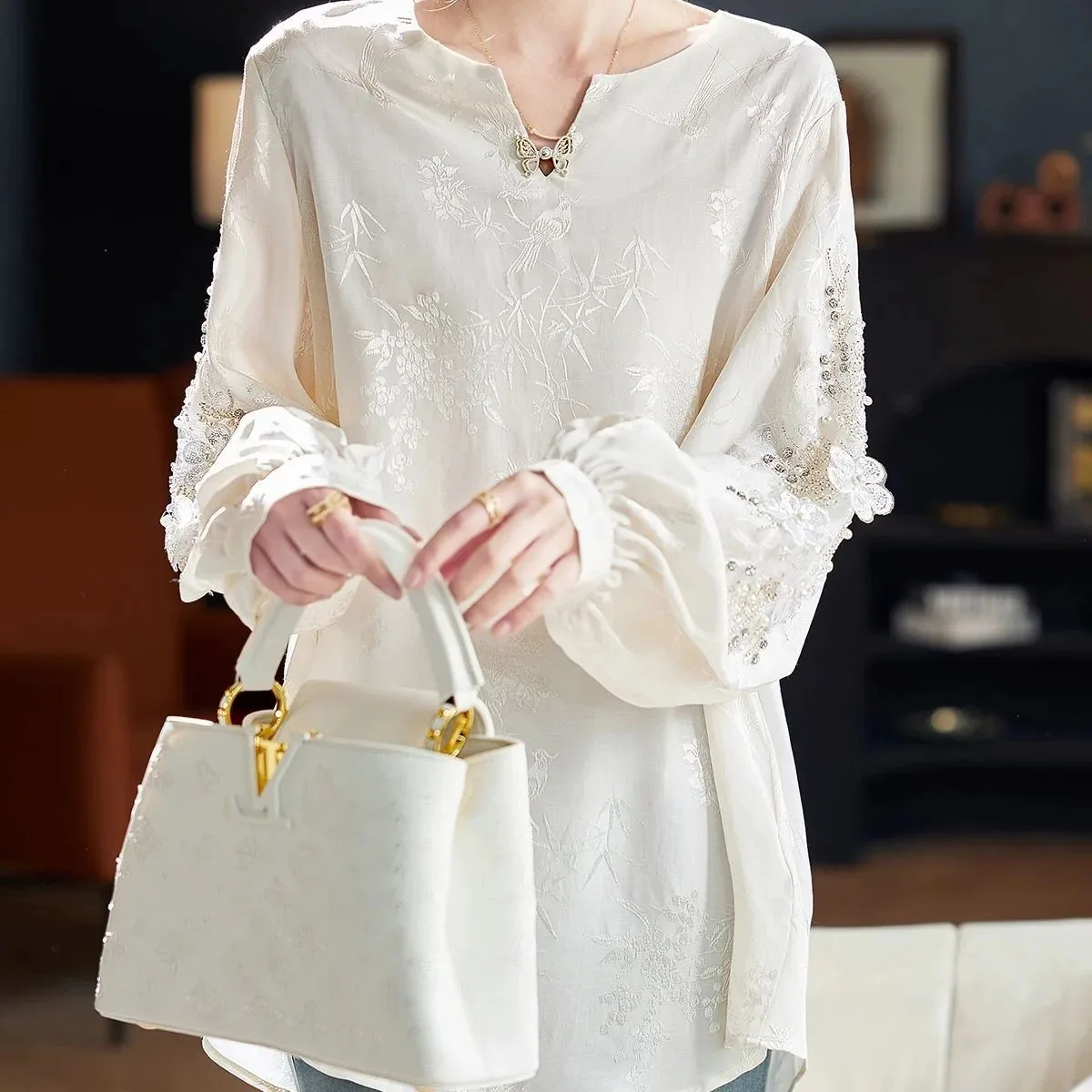 

4XL Large Size Women Heavy Industry Beaded Sequined Jacquard Top 2026 Spring Autumn New Long Sleeve Chiffon Shirt Female Blouse