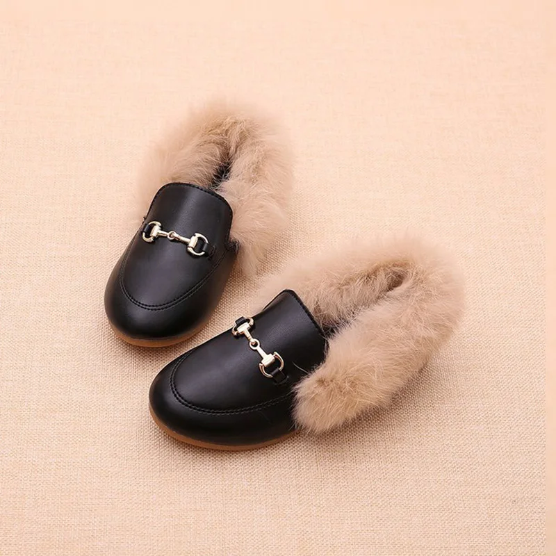 Mocassins en cuir PU pour filles, chaussures plates pour enfants, chaussures provoqué, fourrure chaude, princesse, hiver