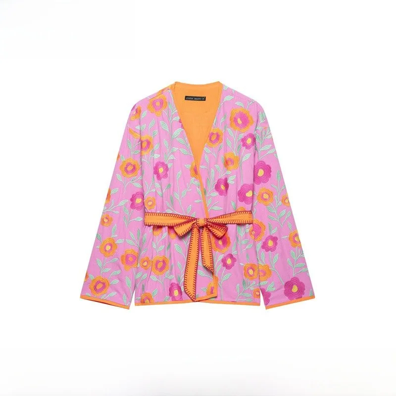 Spring Summer New Arrival Women's Fashion Versatile Floral Belted Jacket Loose Fit Long Sleeve Polyester Non-Shrinkage