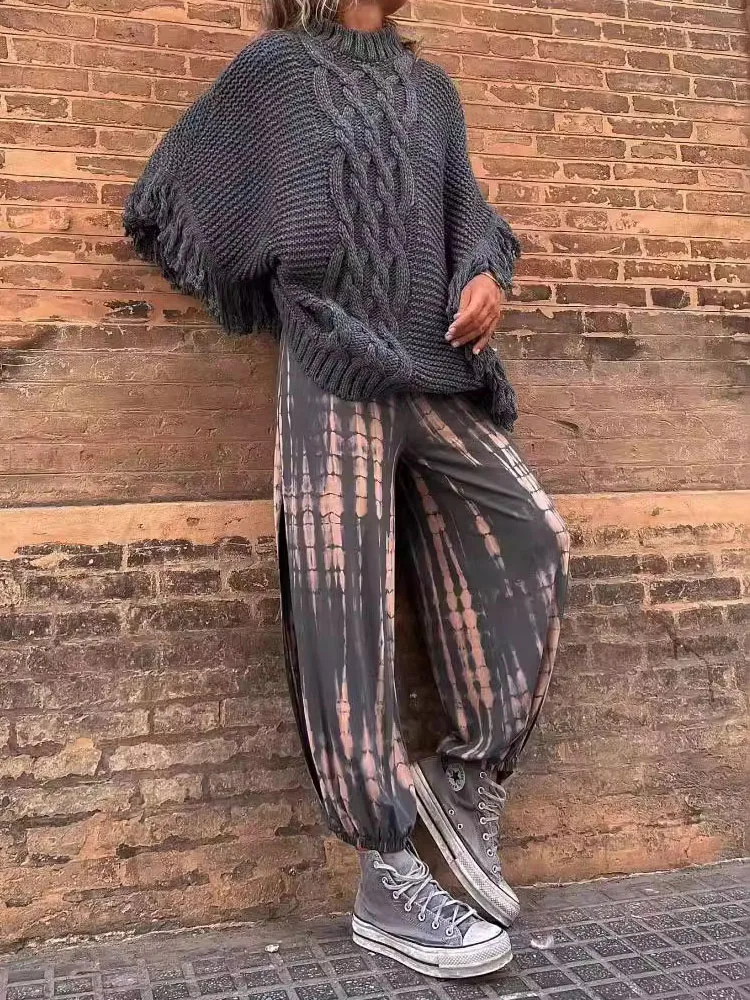 

Elegant O-neck Solid Pullover Jumper Autumn Women Casual Batwing Sleeve Loose Knitted Winter Fashion Hollow Tassel Splicing Tops