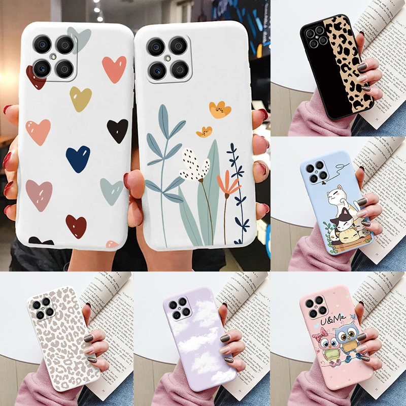 꽃 Funda Honor X8 Capa HonorX8 X6 X 8 전화 케이스, 소프트 실리콘 귀여운 고양이 곰 뒷면 커버 아너 X 6 범퍼 만화