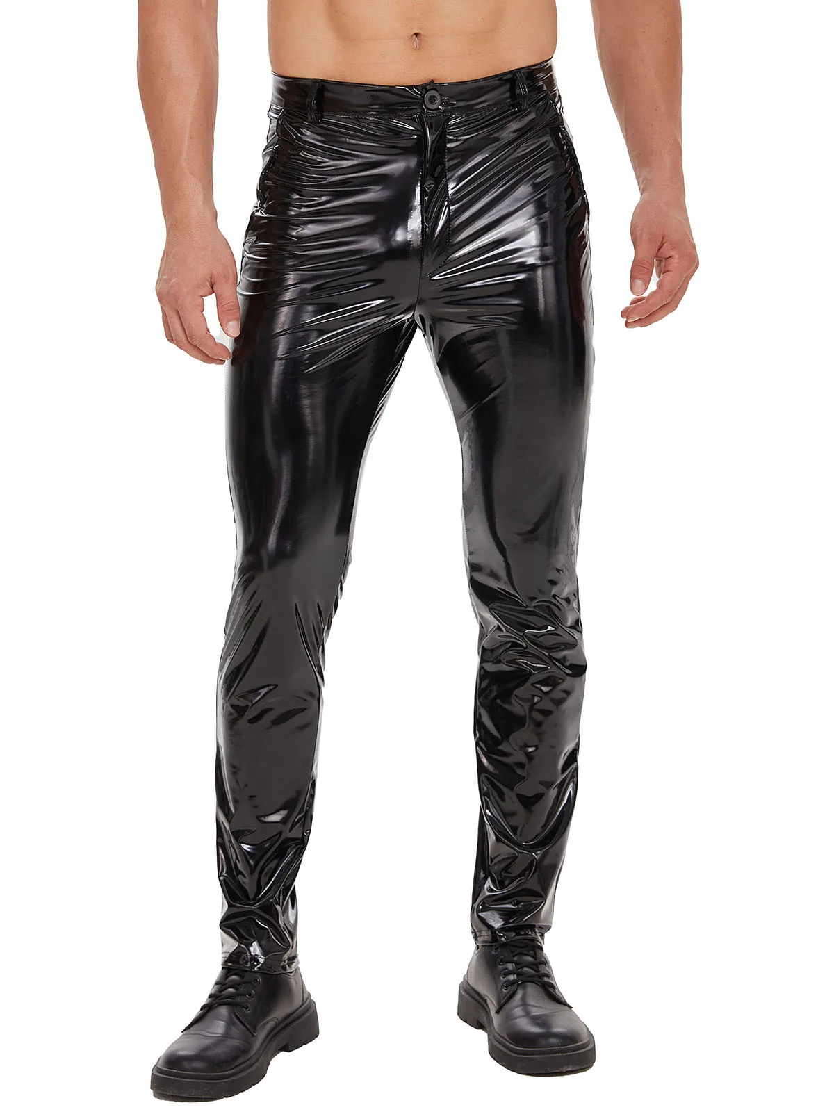 2024 New Sexy High Waisted PU Shiny Leather Zipper Open Crotch Casual Pants Men's Accurate Size Slim Straight Leg Pants BYJ3