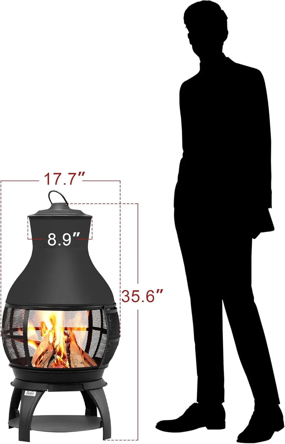 Braço de fogo Queima de lenha Chiminea Lareira externa Pátio Pátio Braço de fogo pequeno, tamanho 17,7" L x 35,6" A, marrom-preto