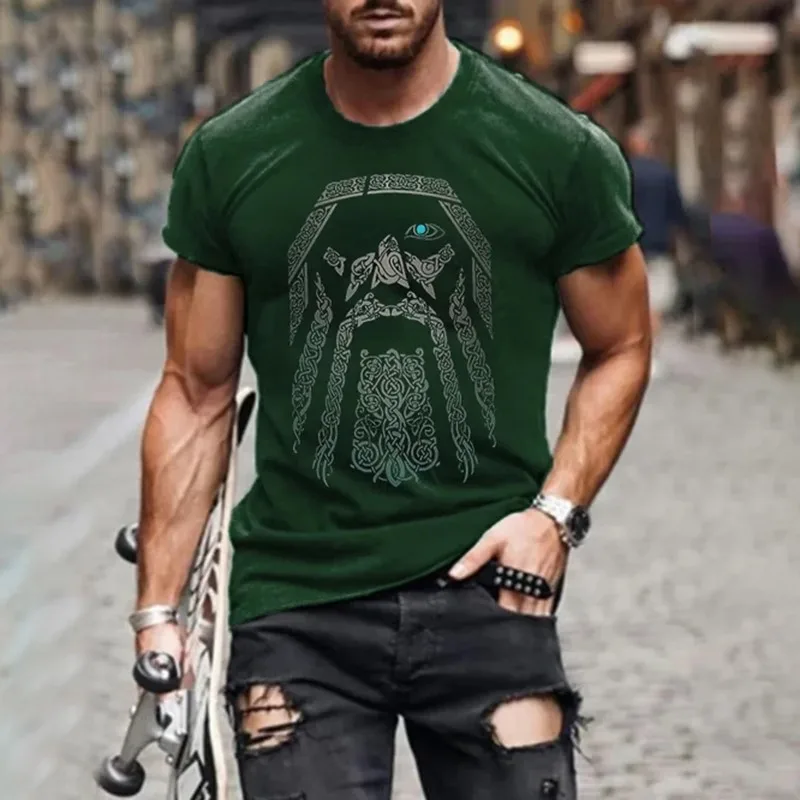 2026 Summer Men's Retro Short-Sleeve T-Shirt With Stone Statue Print Round-Neck Top Men's Outdoor Loose-Fit Sports T-Shirt