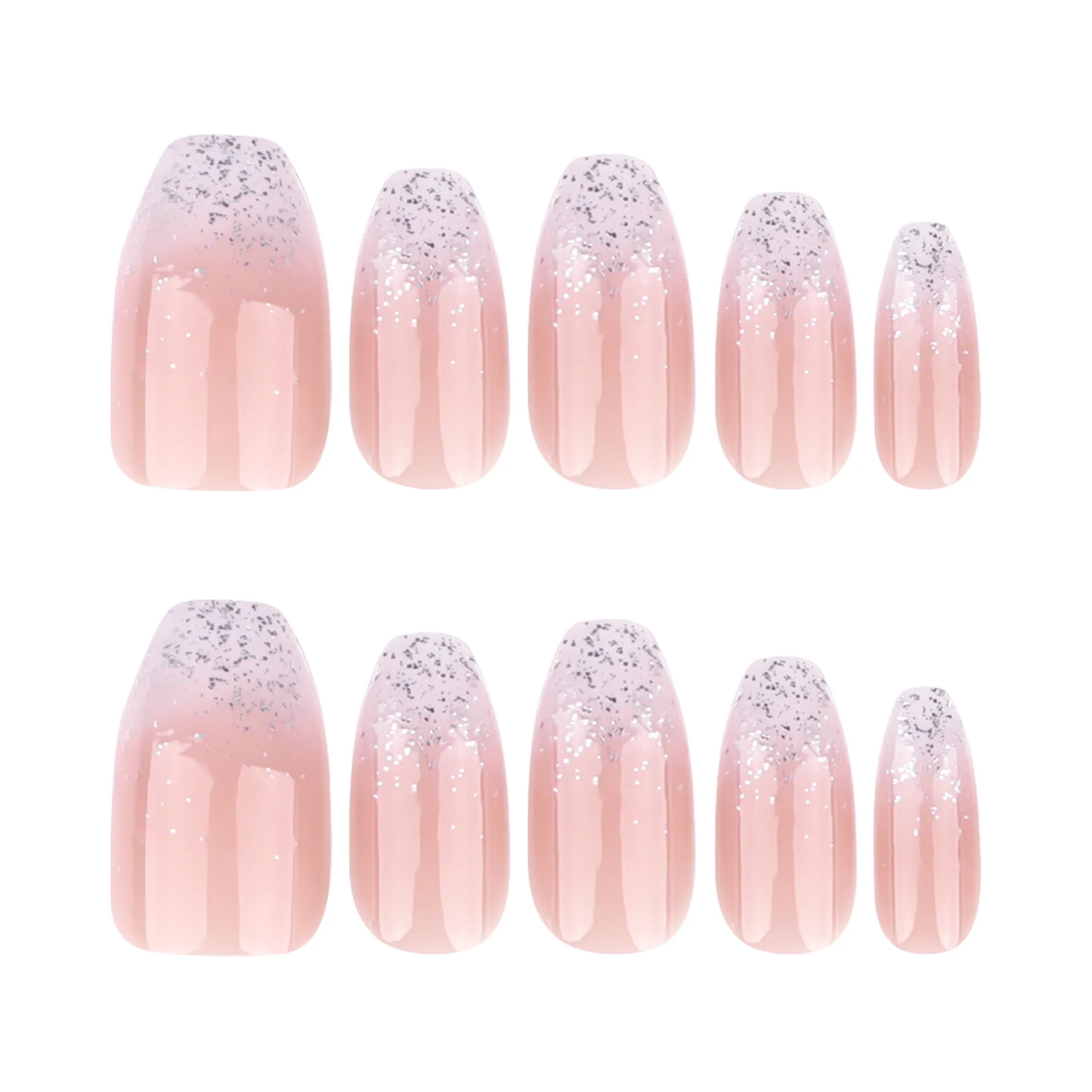 Medium long fake nails for women gradient nude white ballet shape with sparkling glitters reusable ABS press on Artificial nails