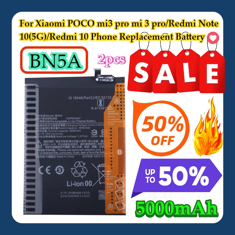 

2pcs For Xiaomi POCO mi3 pro mi 3 pro/Redmi Note 10(5G)/Redmi 10 Phone Replacement BN5A 5000mAh Battery