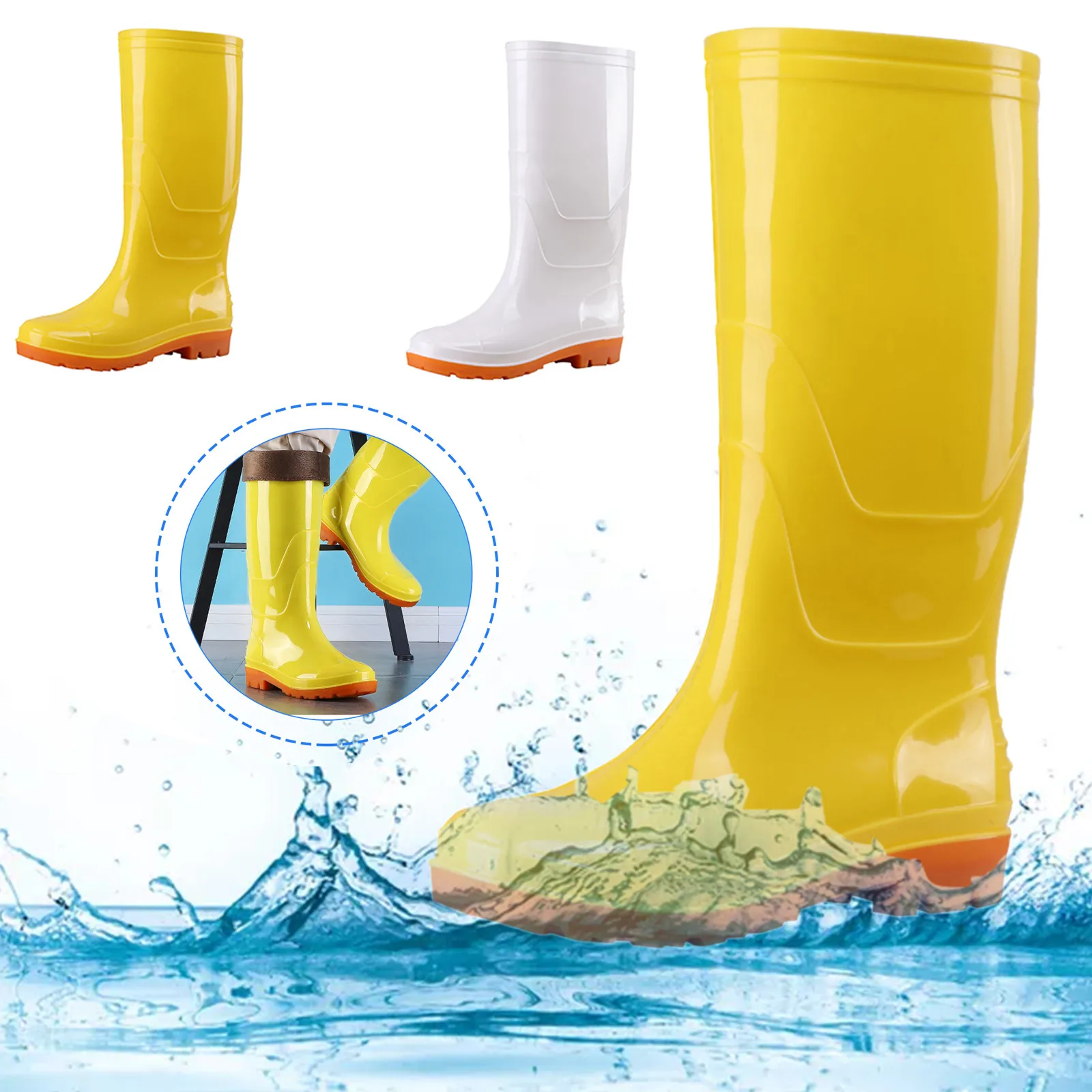 Outdoor Garden Water Shoes Women's Rain Boots Summer Labor Protection Anti-Slip Cylinder Pvc Wear-Resistant Shoes Yellow 2024