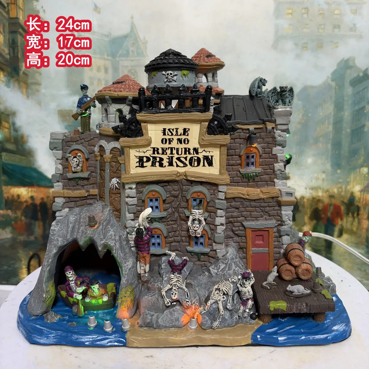 Halloween Isle of No Return Prison Ceramic Figurine Haunted House Miniature Village Scene Skeleton Prison Model Desktop Ornament