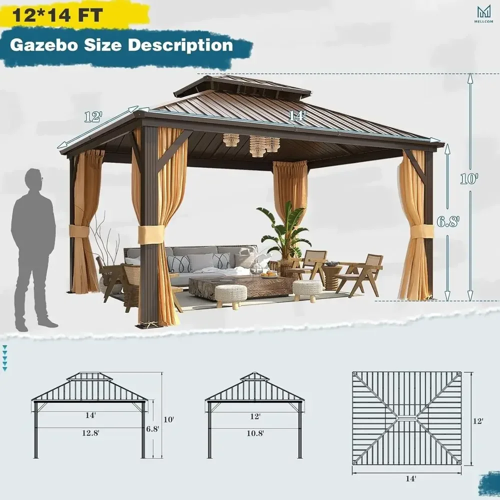12'x14' Hardtop Gazebo, Metal Double Roo Gazebos with Curtain and Netting,Brown Permanent Galvanized Steel Pavilion or Patio, La