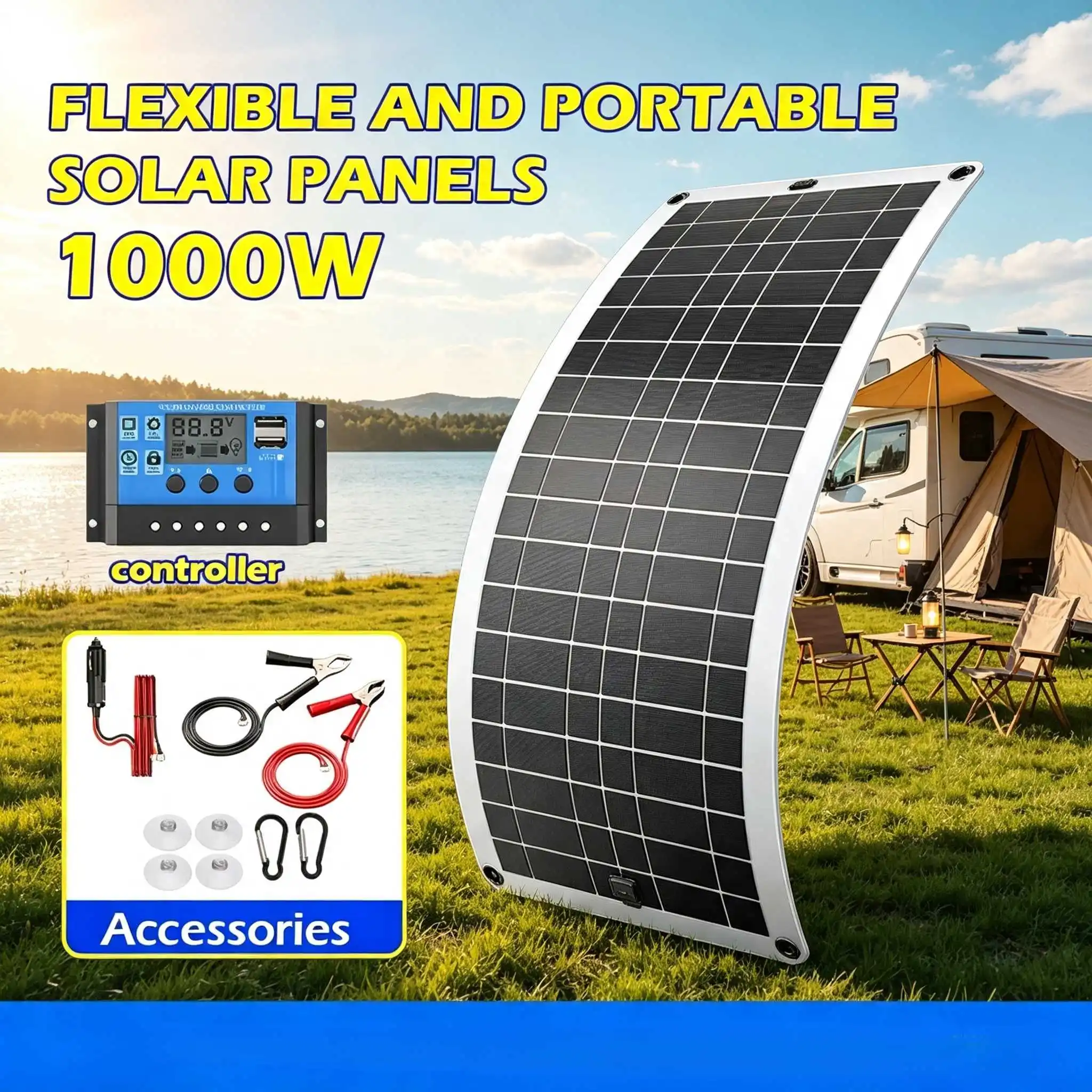 1000W Solar Panel Kit with 12V High-Efficiency Cells and 100A Controller for RVs, Cars, Camping, and Home Battery Charging