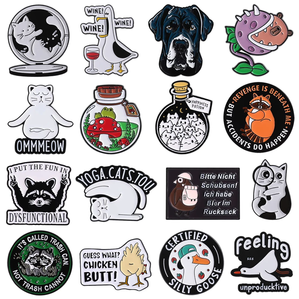 

Cartoon Wine Sliiy Goose Enamel Pins Creative Yoga Cat,Husk,Drifting Bottle Mushroom Frog,Man-eating Flower Capybara Lapel Badge