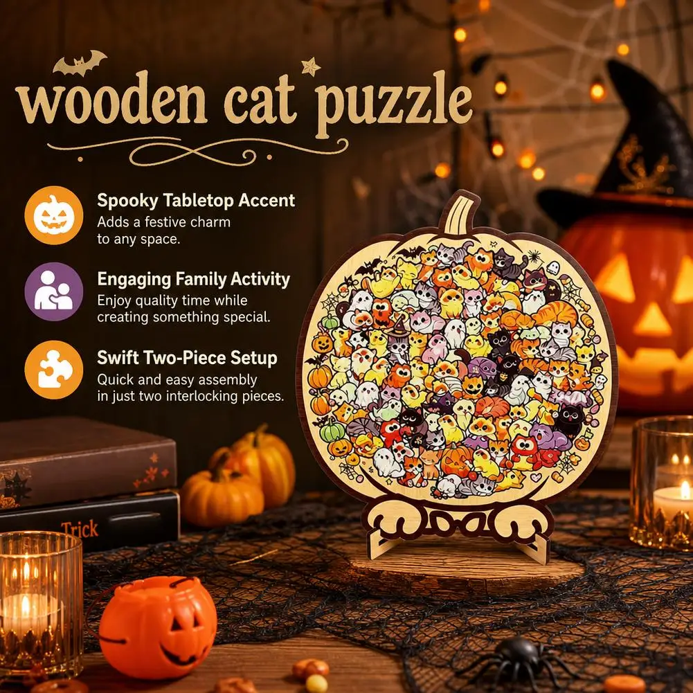 Cute Cat Wooden Jigsaw Puzzle Pumpkin Shaped Irregular Brain Halloween Gift Home Desktop Decor