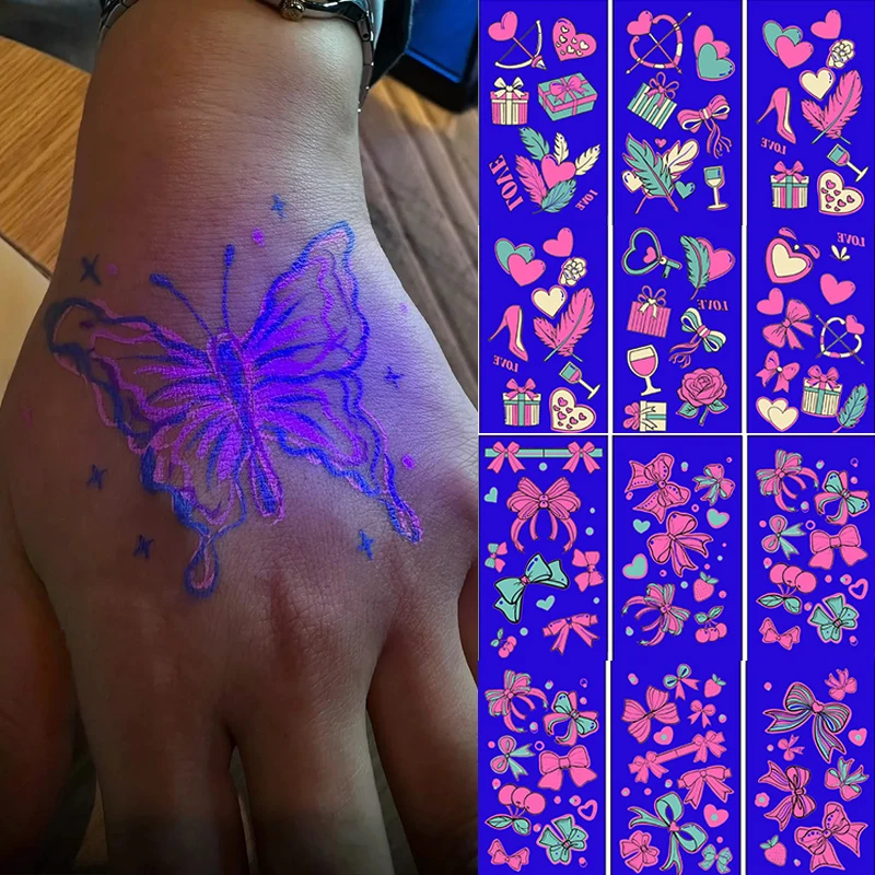 

10Pc Pink Heart Bow Designs Glow In The Dark Tattoos Sticker Fluorescence Waterproof Slider Wedding Valentine Body Face Decal*