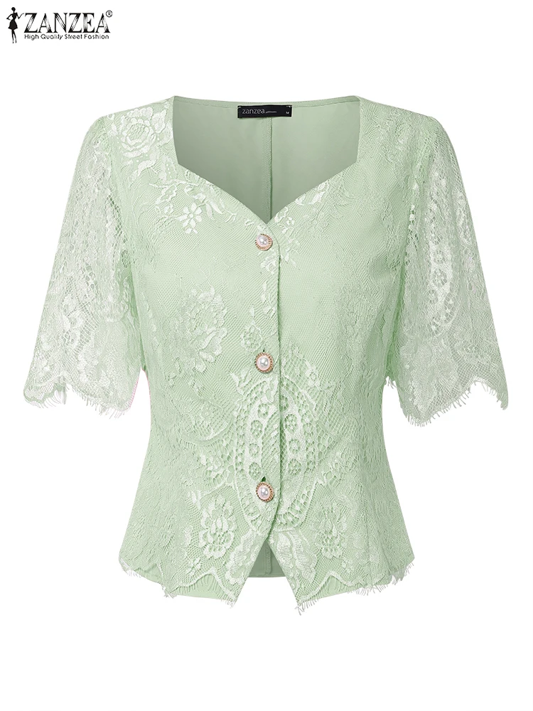 ZANZEA, camisas de encaje para mujer, Tops tipo túnica con cuello cuadrado de verano 2025, blusa elegante de manga corta a la moda para oficina para mujer, Blusas OL con botones
