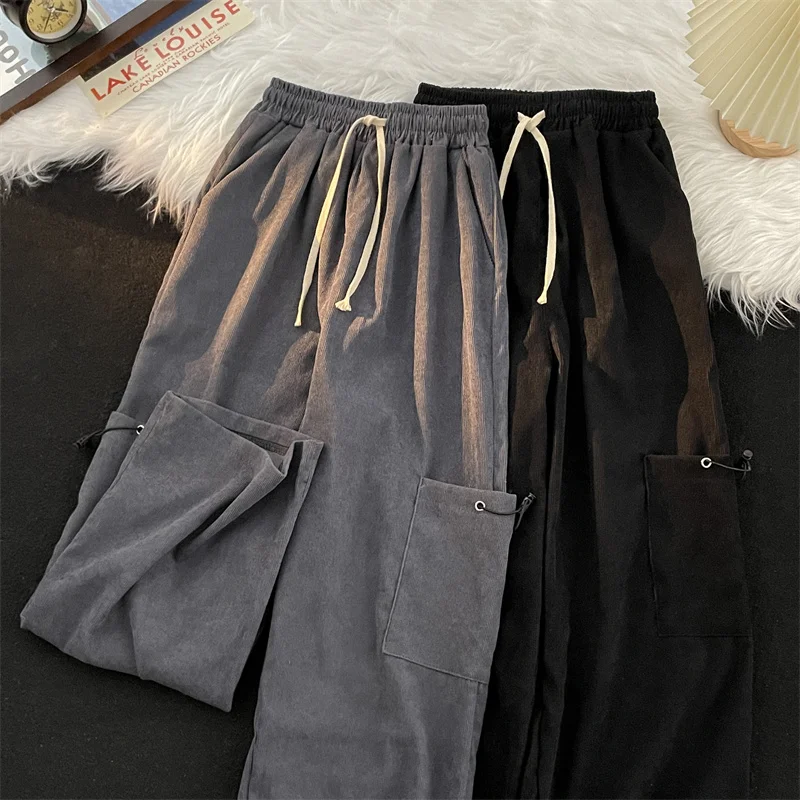 

Мужские рабочие брюки Dstring в стиле ретро, модные, в японском стиле, повседневные, свободные, с широкими штанинами, из вельвета, с большими карманами, драпированные, L