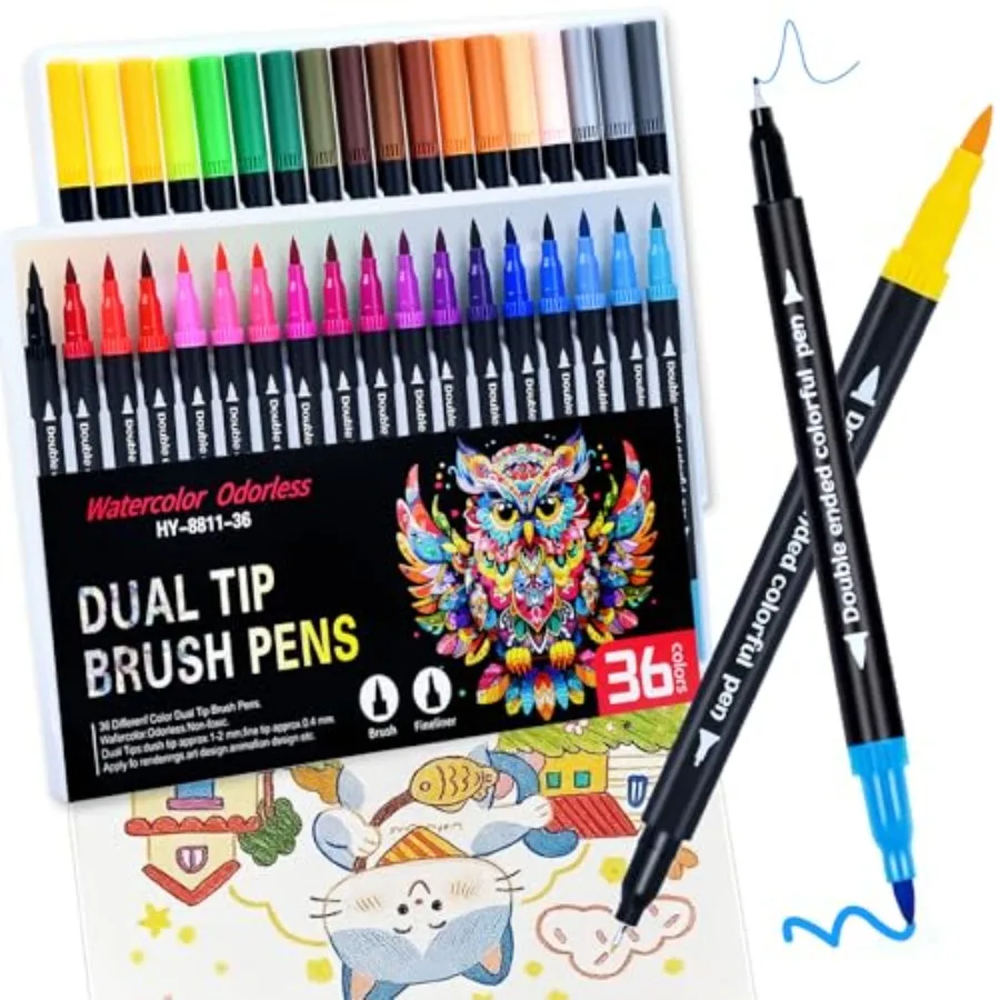 

Brush and Fine Dual Tip Art Markers Set for Adult Coloring, Dual Tip Colored Pens Markers Quick Drying Without Fading, Water Ba