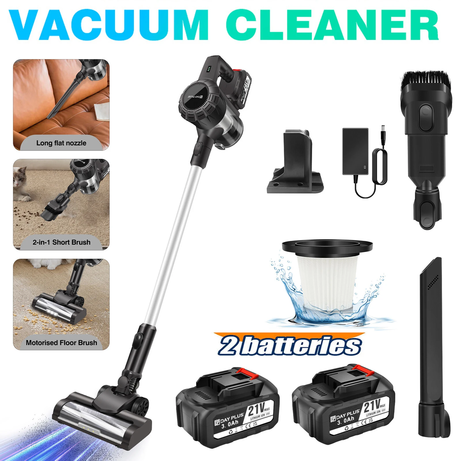 3600W 6-in-1 Akku-Stielstaubsauger, beutellos, tragbar, für das ganze Haus! Kabelloser Staubsauger: starke Saugkraft, ultraleicht, extrem leise, wiederaufladbar. 2 x 3,0 Ah Akkus
