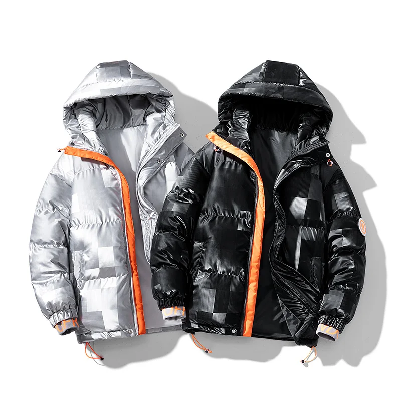 

Men's Shiny Parka Men Hood Warm Hip HOP Trendy Winter New PU Leather Overcoat Cotton-padded Parkas Casual Men's Thickened Coat