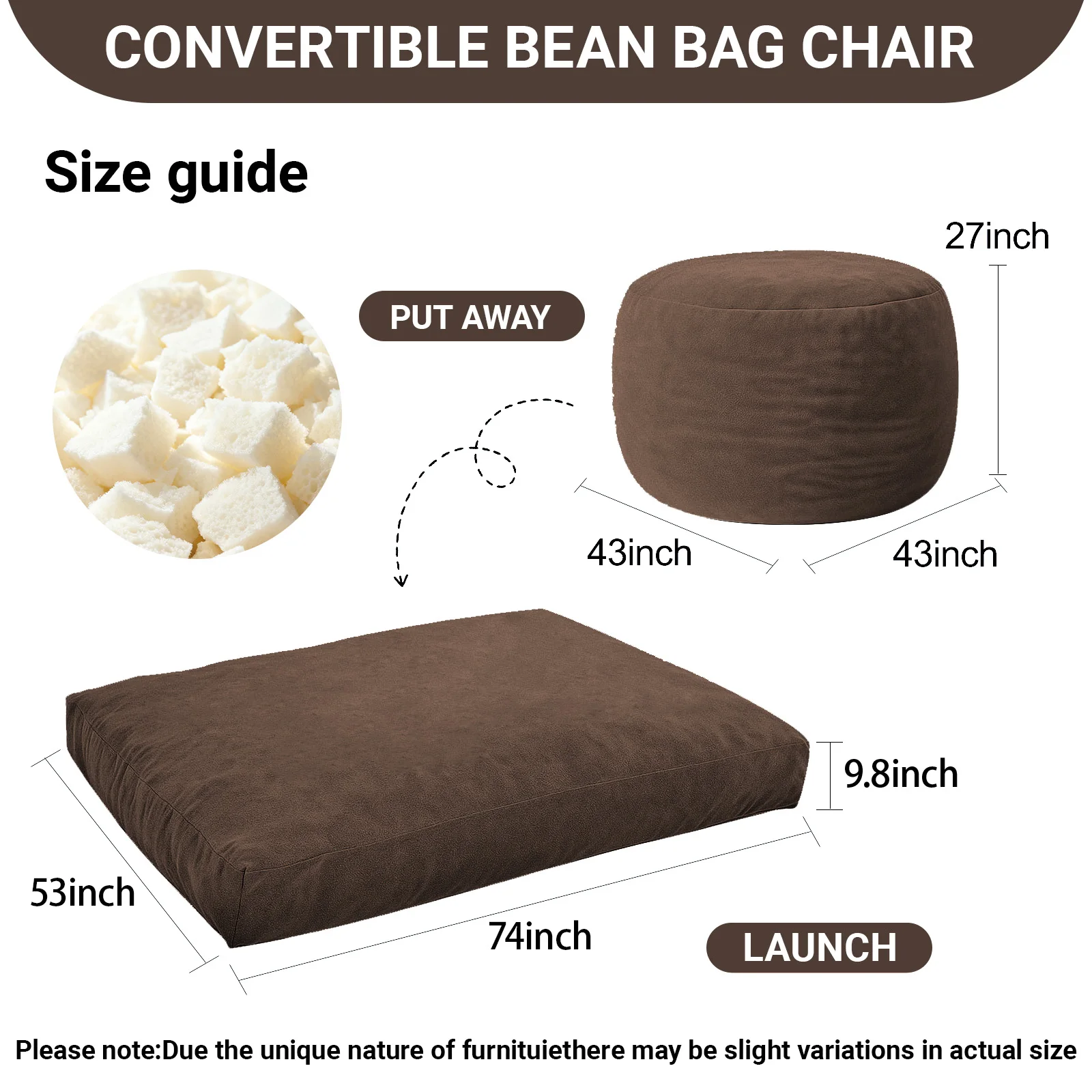 3-in-1 Adult Single Bean Bag Chair Bed, Memory Foam Convertible Lounger, Folds to Floor Mattress, Soft Washable Faux Fur Cover