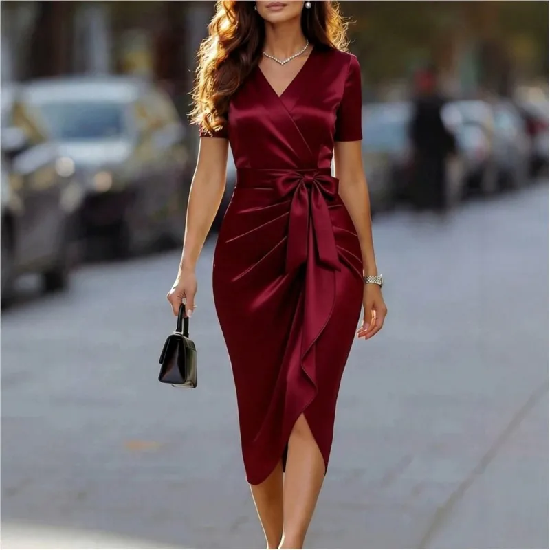 

Vintage Satin New Dress Short Sleeve V-neck Lace-up Irregular Slim Fit Summer Dresses Elegant Party Evening Gown Clothing 2026