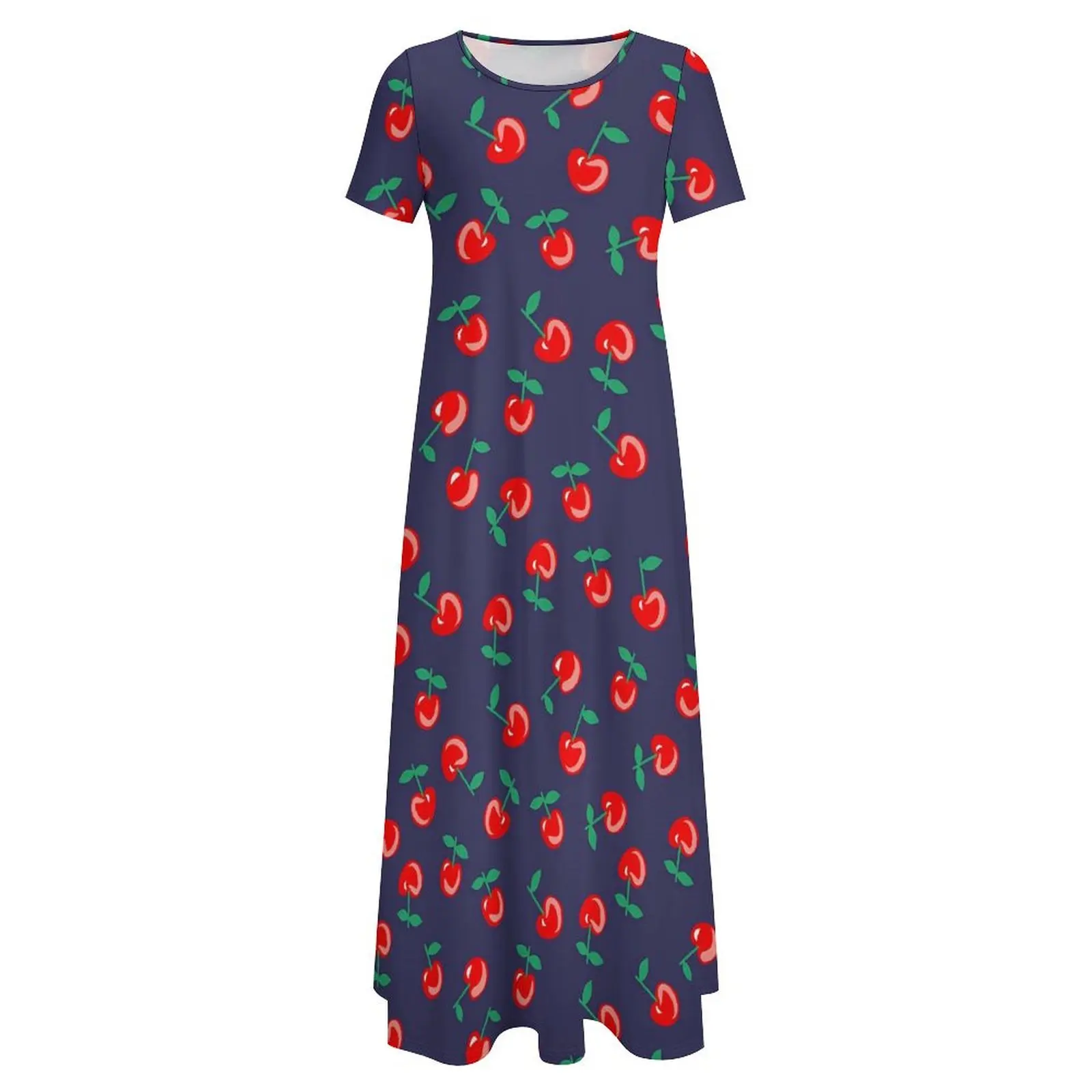 Abito con ciliegie dolci Abito lungo vintage con stampa di frutta rossa Manica corta Boho Beach Abiti lunghi Modello da donna Abiti oversize