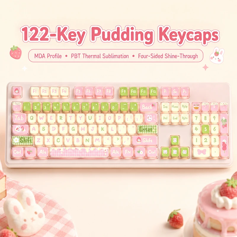 122key/set PBT Bunny keycap MDA High Pudding Four sided Transparent Thermal Sublimation Mechanical Keyboard Keycap