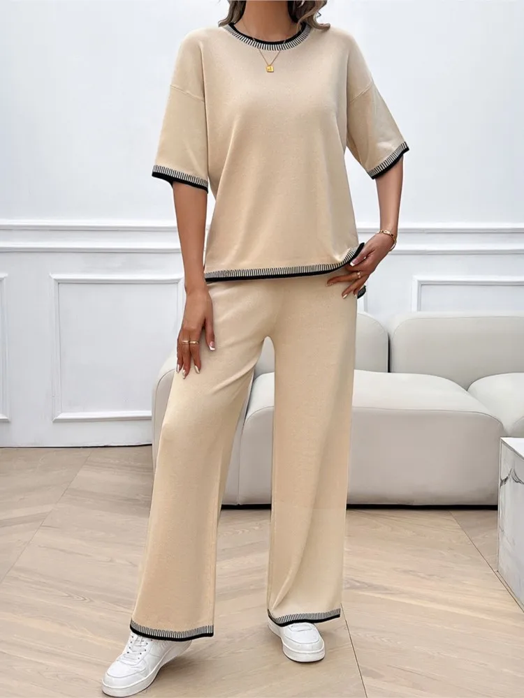 

Summer Women Set Fashion Two Piece Set Short Sleeves T-shirt And Loose Wide Legs Trousers Set Commuting Vacation Outfits Set