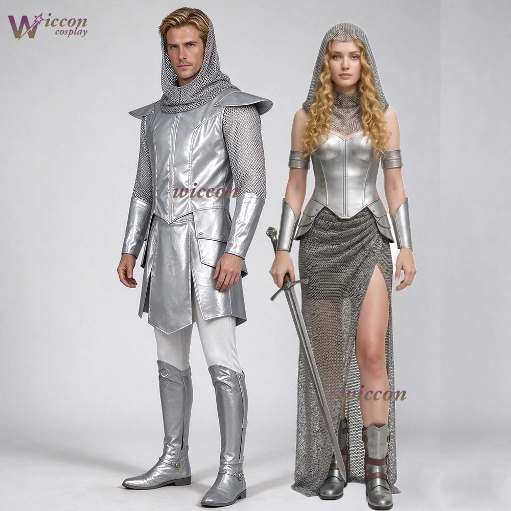 Medieval Women Knight Cosplay Retro Chain Mail Hooded Armor Top Skirt Bracelet Outfits Halloween Carnival Party Suit for Female