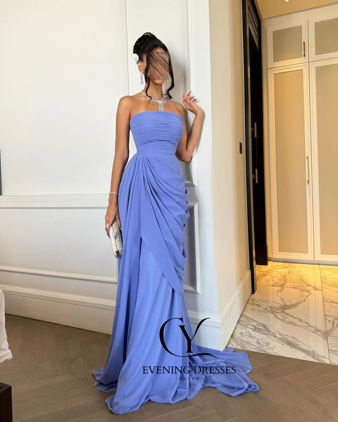 CUYUN-vestidos de fiesta elegantes para mujer, para ocasiones formales, personalizados, línea A, sin tirantes, vestido de noche de gasa para invitados de boda